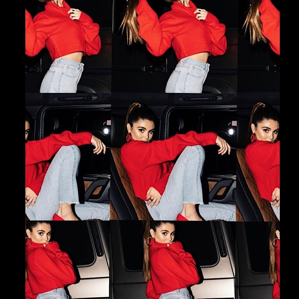 Red cropped turtleneck sweater from the Princess Polly x Olivia Jade collection